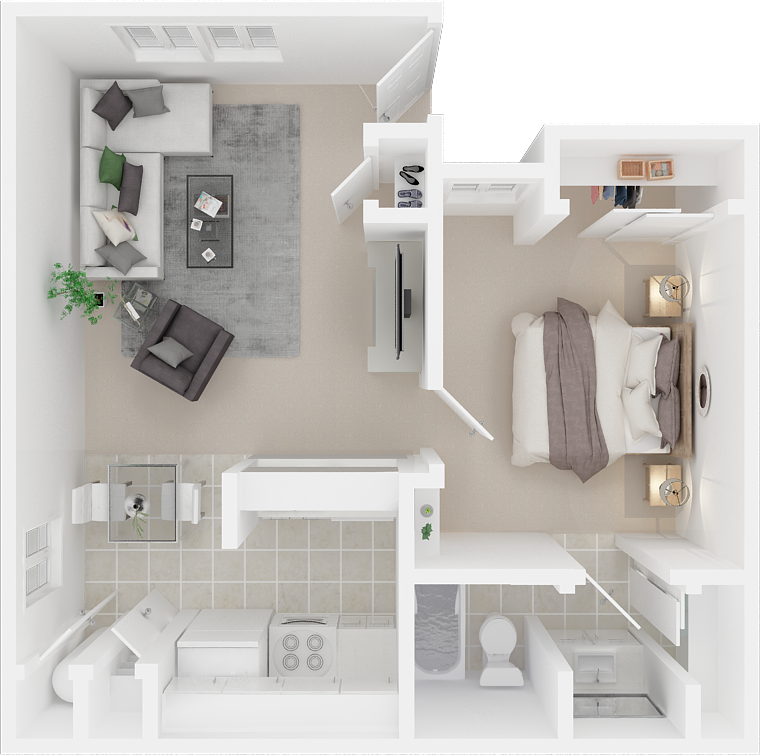 Floor plan for 1 bed, 1 bath, 533 sqft